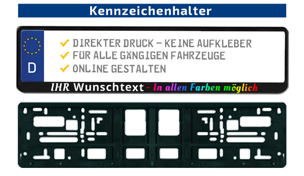 Mit Wunschtext bedruckte Kennzeichenhalter oder Miniletter.